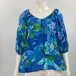 RALPH LAUREN Silk Watercolor Blue Green Large Blouse
